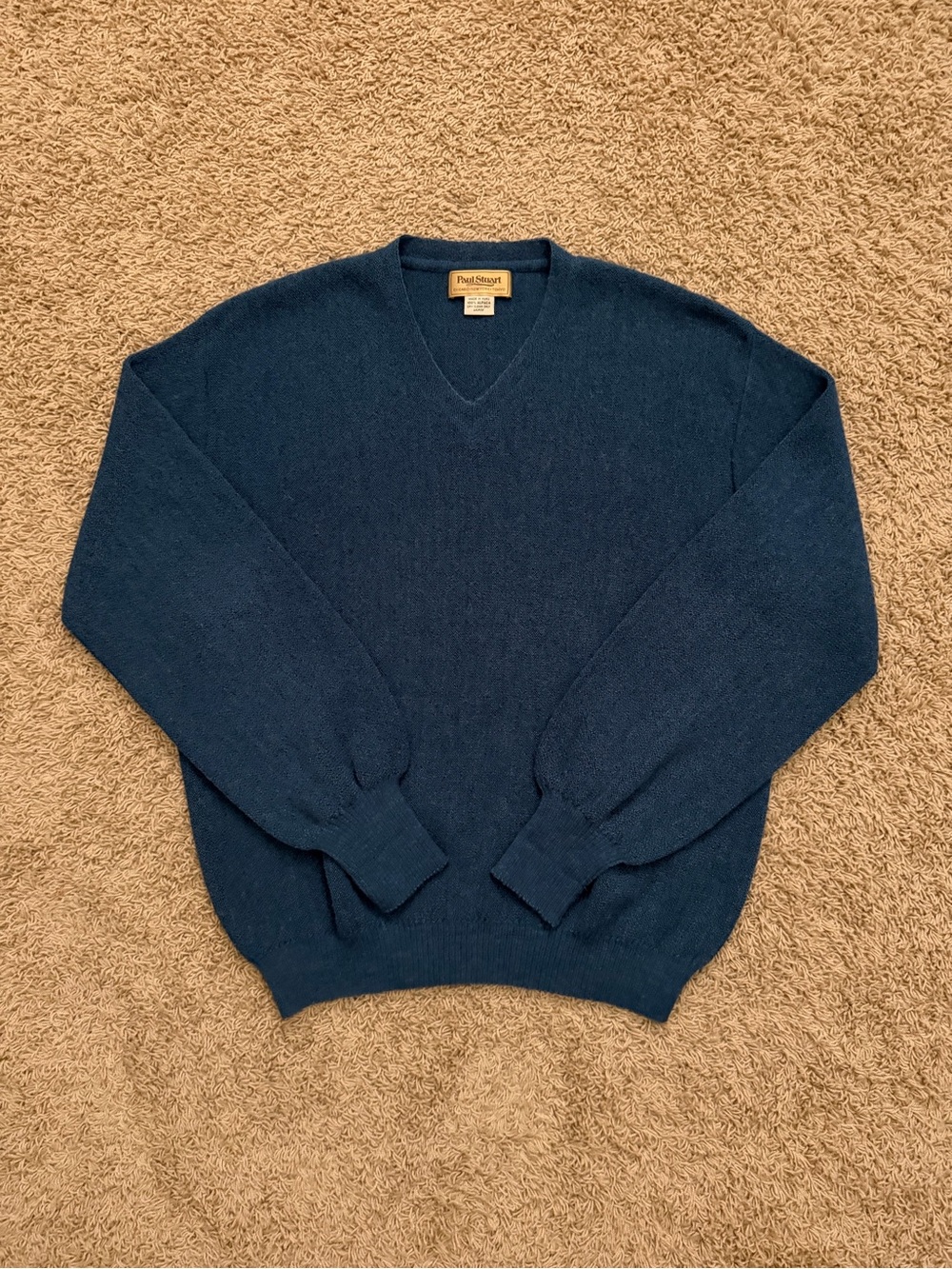 Vintage 90s Paul Stuart 100% Alpaca Sweater Peru Made Mens Sz Large Blue V Neck